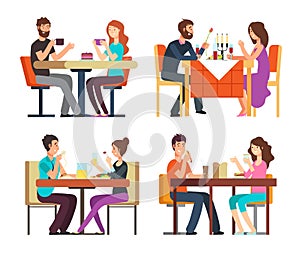 Couples table. Man, woman having coffee and dinner. Conversation between guys in restaurant. Vector cartoon characters