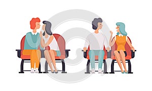 Couples Watching Film in Movie Theater Set, Front View of Happy Couples Sitting in Cinema Hall Flat Vector Illustration