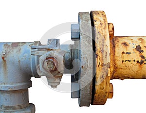 Coupling joining two rusty pipes isolated.