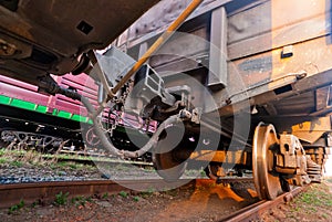 Coupling of wagons freight train close-up