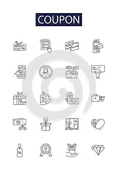Coupon line vector icons and signs. Promo, Voucher, Bargain, Savings, Rebate, Code, Offers, Freebie outline vector