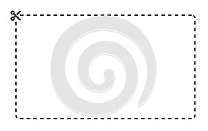 Coupon rectangle vector template. Dashed line with black scissors on white background