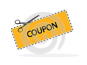 Coupon with scissors. Discount icon. Discount coupon. Flat voucher symbol with shadow. Ticket with code and cut scissors. Icon for