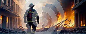 Courage in Chaos, Lone Firefighter After Blaze, AI Generated