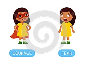 Courage and fear antonyms word card, opposites concept. Flashcard for English language learning.