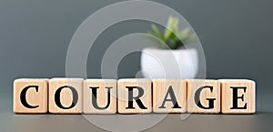 COURAGE - word on wooden cubes on a gray background with a cactus