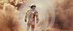 A courageous astronaut explores Mars covered in mist in a space suit. Exploration. Travel in space, habitable world and photo