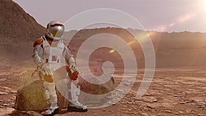 Courageous Astronaut in the Space Suit Explores Mysterious Alien Planet Covered in Mist. Space Travel, Habitable World