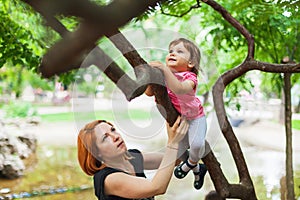 Courageous girl climbing on tree