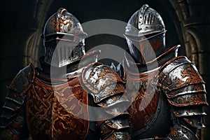Courageous Medieval knight man medieval city. Generate Ai photo