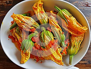 Courgette flowers stuffed with pizzottella and some tomato