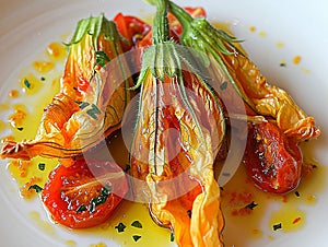 Courgette flowers stuffed with pizzottella and some tomato