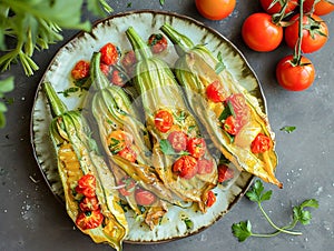 Courgette flowers stuffed with pizzottella and some tomato