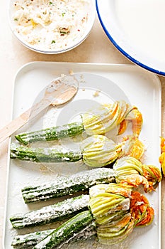 Courgette flowers stuffed with ricotta and coated in flour