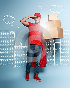 Courier acts like a powerful superhero. Concept of success and guarantee on shipment. Studio cyan background