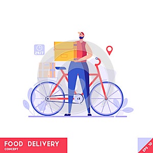 Courier with bike delivering food in box. Food delivery service. Concept of fast delivery, shipping, logistics transport, order