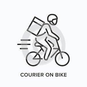Courier on bike line icon. Vector outline illustration of express delivery. Bicycle pizza guy pictorgam