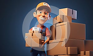 Courier with box, 3d man character. Postman carry mail or package. Male deliver person