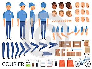 Courier box character animation. Body parts head arms cap hands of warehouse worker faces vector creation kit