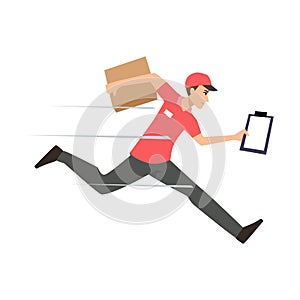 Courier boy running delivery package box to customer,