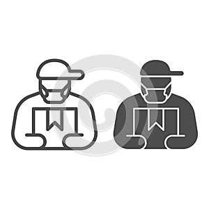 Courier in cap and mask with box line and solid icon, social distancing concept, Safe delivery sign on white background