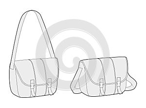 Courier Carryall Messenger Bag silhouette. Fashion accessory technical illustration. Vector satchel front 3-4 view