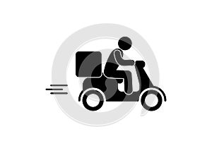 Courier carrying cargo on moped, fast delivery symbol, man rushing to deliver parcel