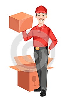 Courier with carton box. Delivery service concept