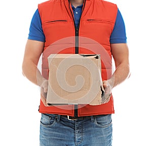 Courier with damaged cardboard box on background, closeup. Poor quality delivery service