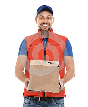 Courier with damaged cardboard box on background. Poor quality delivery service