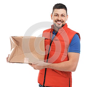 Courier with damaged cardboard box on background. Poor quality delivery service