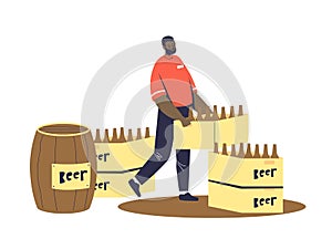 Courier delivering beer in bottles and wood barrel to pub, bar or beer shop