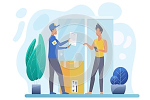 Courier delivering package flat vector illustration