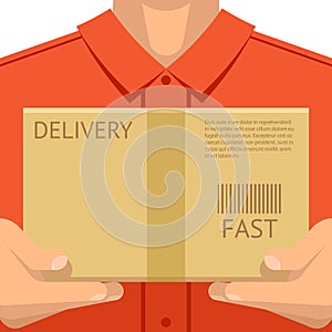 Courier delivering package hands holding package delivery flat design background concept vector illustration