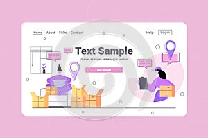 courier delivering parcel to woman customer online delivery service concept horizontal copy space