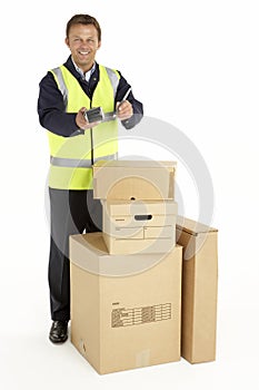 Courier Delivering Parcels Holding Clipboard