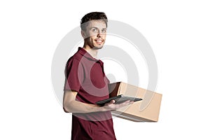 Courier delivering parcels on a white background