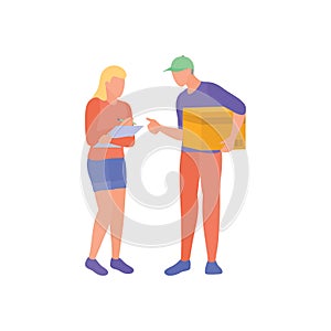 Courier delivers package to female customer. Cartoon male character delivering purchases to client. Delivery service.