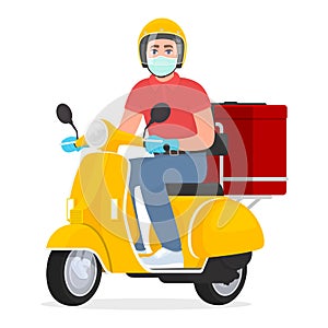 Courier or delivery man in face mask and gloves riding scooter. Young person on the moped carrying food parcel packs. Safety fast