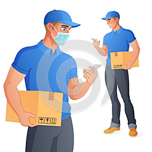 Courier delivery service man in face mask holding box checking his phone. Vector illustration.