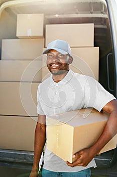 Courier Delivery Service. Man With Package Near Car With Boxes