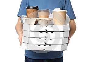 Courier with different containers on white background.