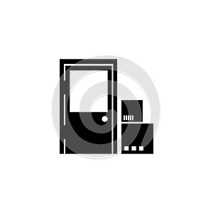 Courier Door Delivery, Package at Home Doorway. Flat Vector Icon illustration. Simple black symbol on white background