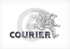 Courier drawn in a symbolic, style of engraving in a hurry to deliver the cargo
