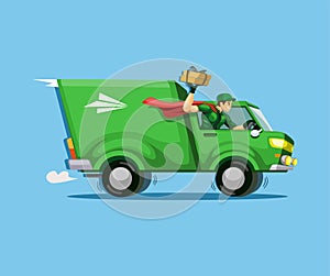 Courier express driving truck holding package deliver to customer concept cartoon illustration vector
