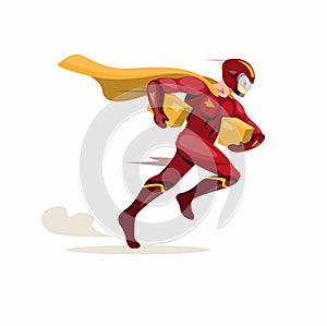 Courier express mascot hero, superhero courier running fast carrying package deliver to customer in cartoon flat illustration vect