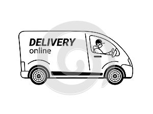 Courier in face mask driving delivery truck. Online delivery service. Hand drawn graphic vector illustration