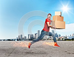 Courier with fiery feet has a lot of boxes to delivery. Emotional expression.