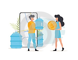 The courier gives the girl a bottle of water. The concept of home delivery of drinking water. Vector illustration.