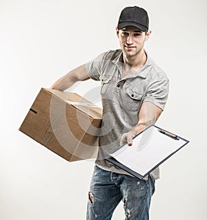 Courier hands of boxes, packages